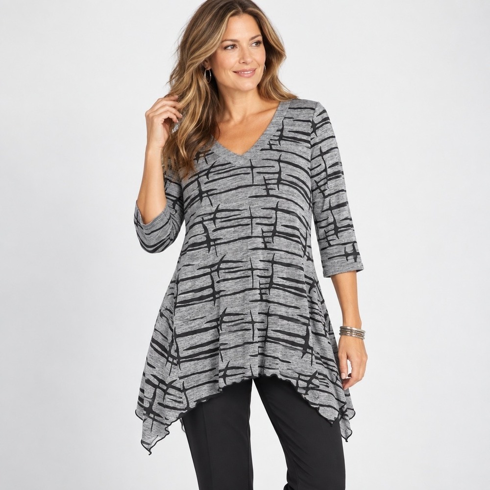 Joseph Ribkoff Shark Bite Hem Tunic Top 12 Metallic Silver Black V Neck Stretch